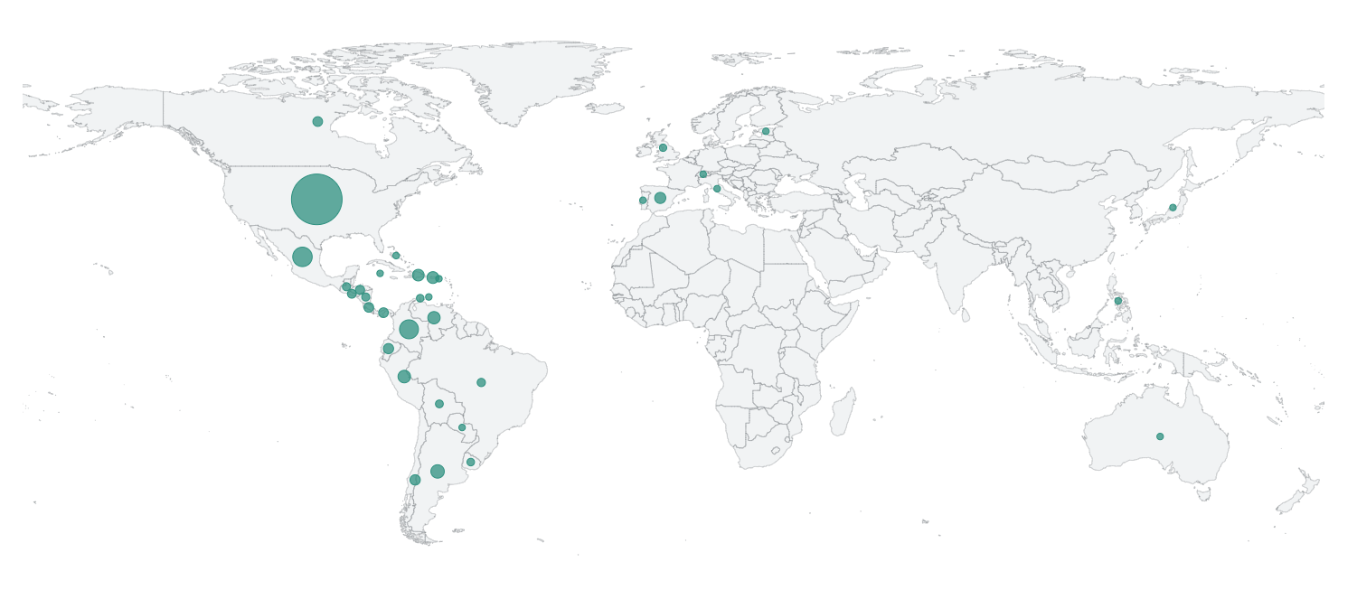 Mapa mundial con presencia de estudiantes en distintos países